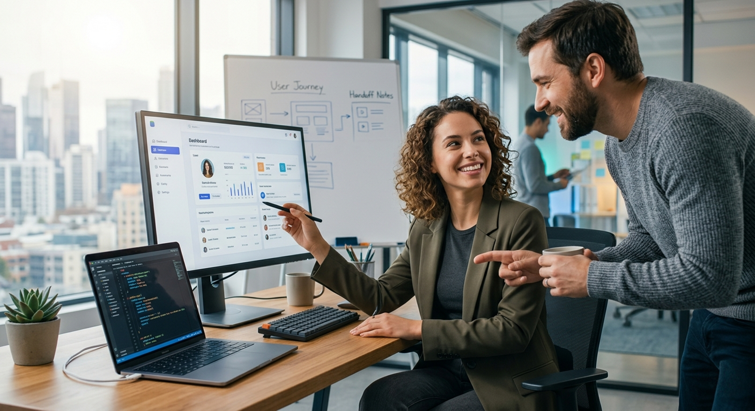 UI UX designer and developer collaboration product design team working on dashboard interface design