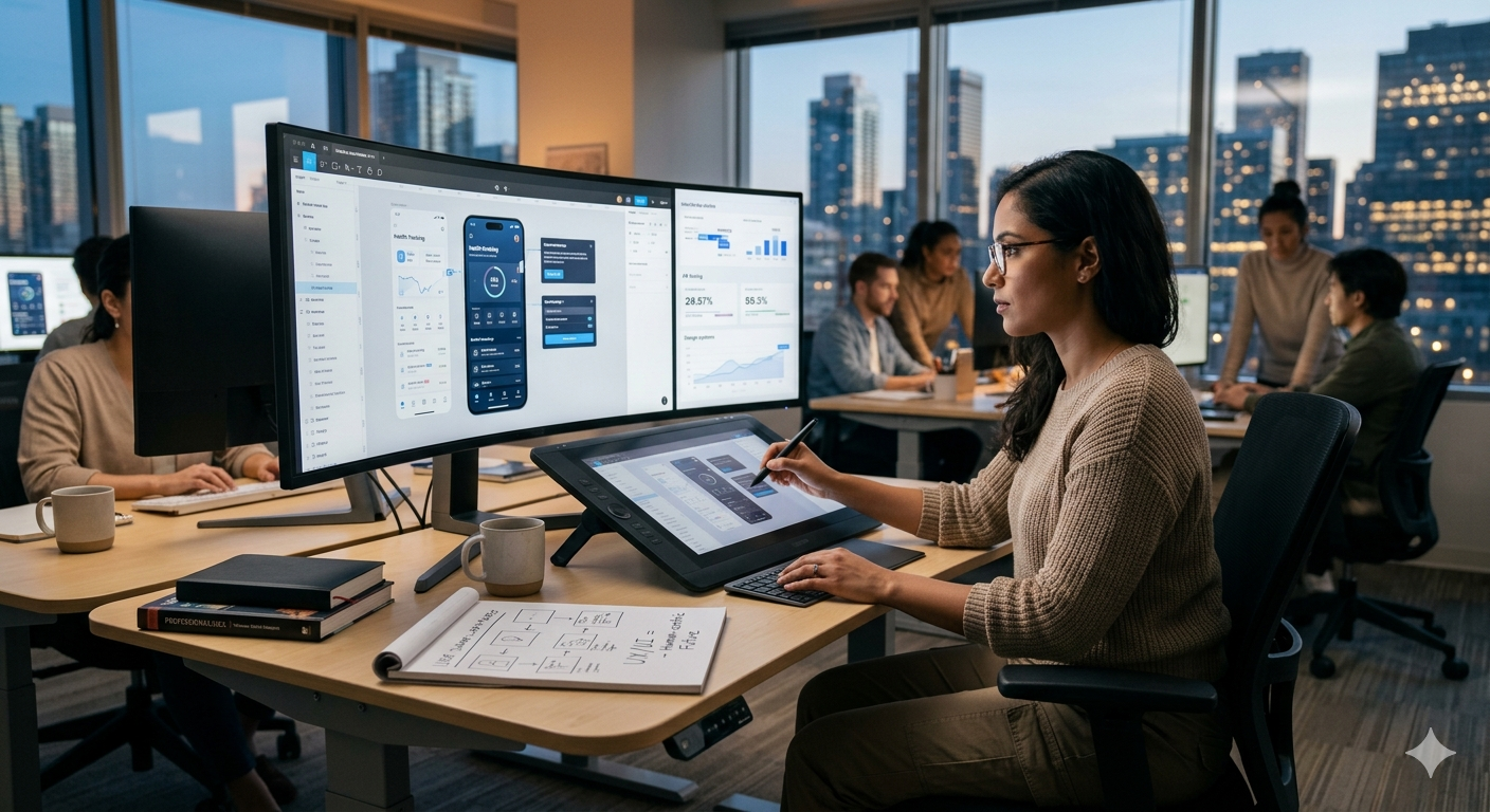Professional UX/UI designer creating user-centered digital experiences on a modern design workspace