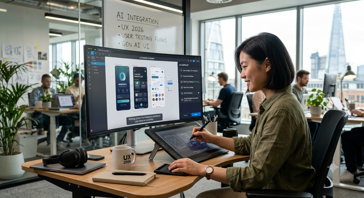 Designer using AI-powered UX/UI tools to create user-centred digital experiences in 2026