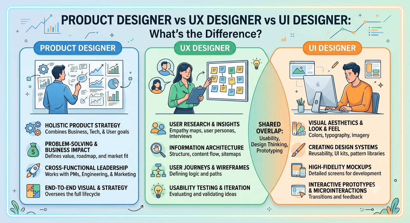 Product Designer vs UX Designer vs UI Designer career comparison.