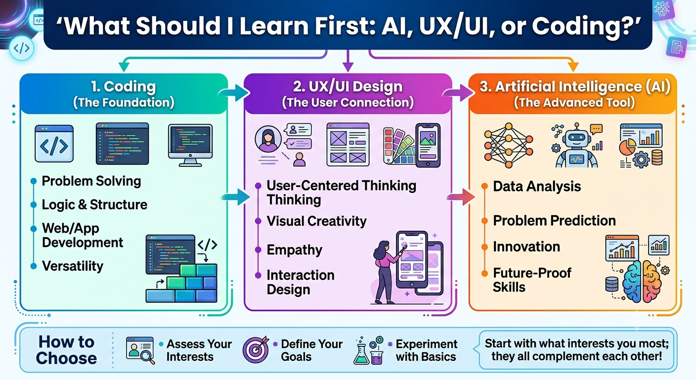 Beginner choosing between AI, UX/UI, and coding skills.