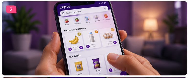 User ordering groceries online with a fast delivery countdown